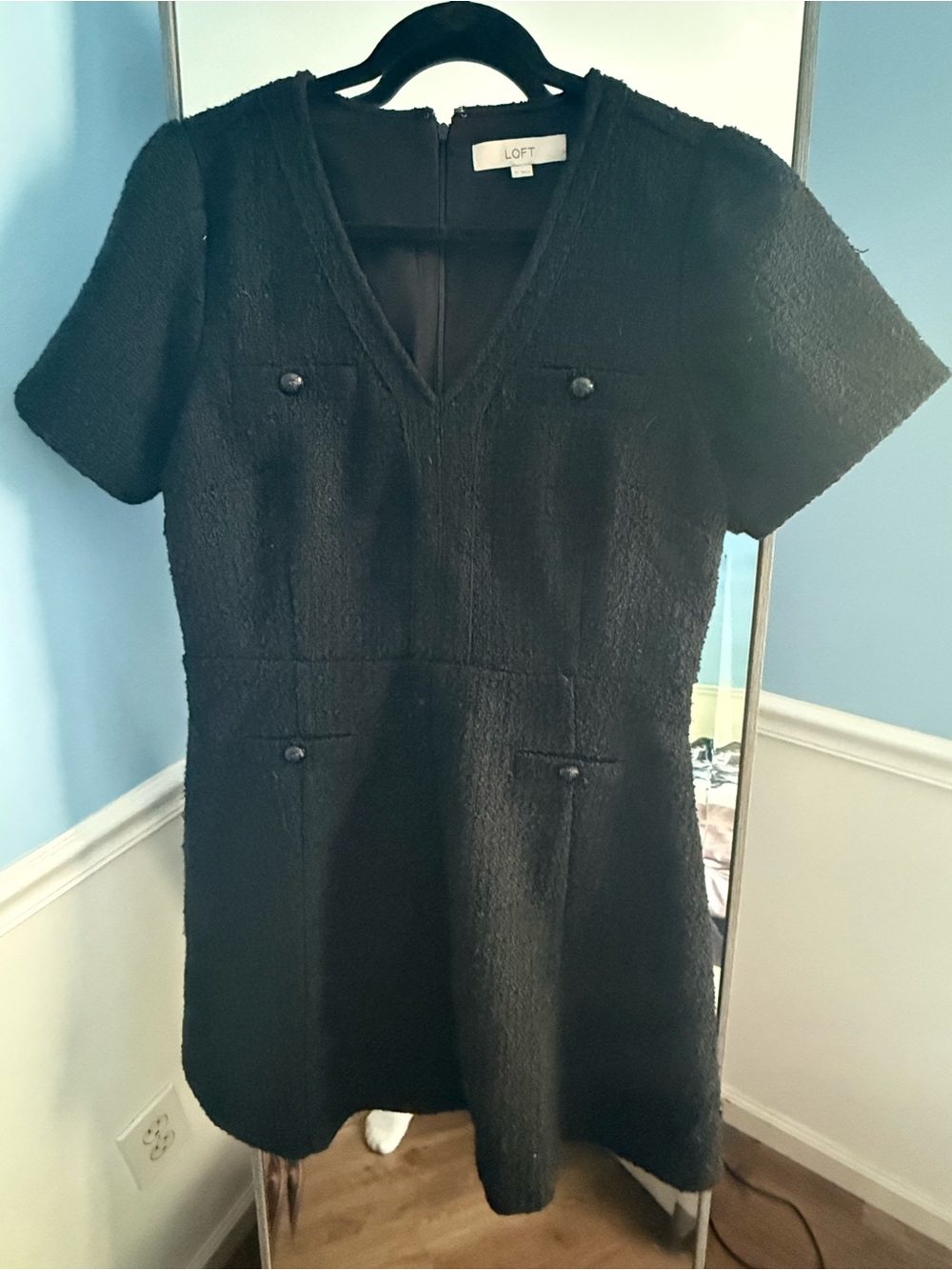 LOFT Black Textured V-Neck Mini Dress